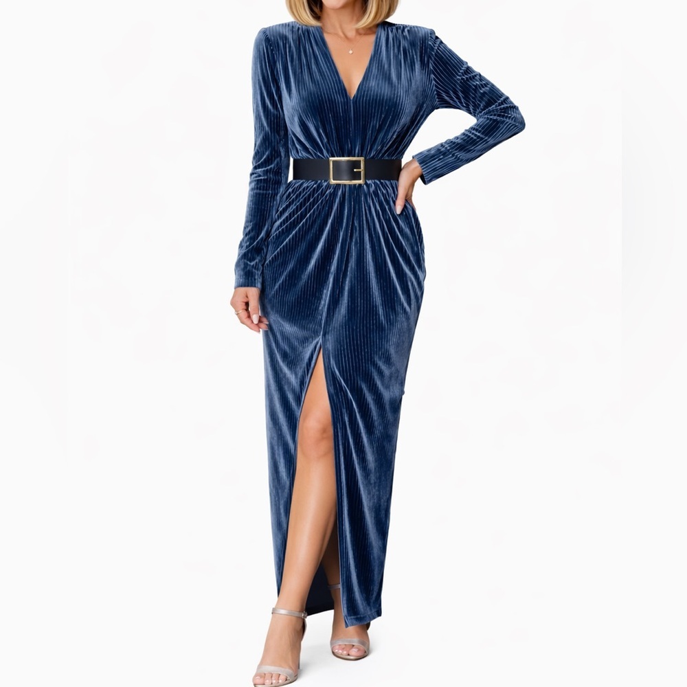 Blue Velvet Midi Dress Long Sleeve V-Neck Belted Slit Elegant Cocktail